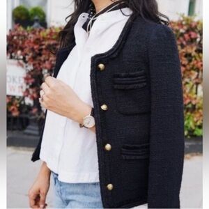 J. Crew Cropped Tweed Blazer Jacket Gold Buttons Fringe Trim Old Many Sz 12